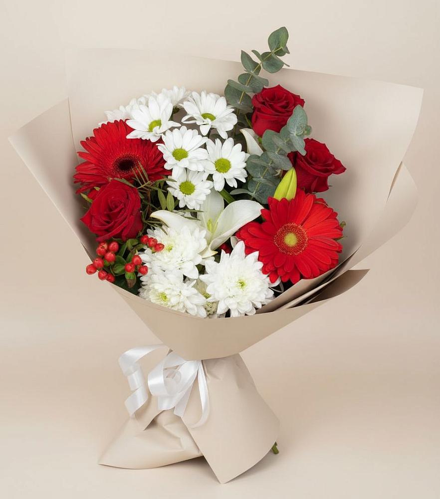 Букет цветов из: Розы, Хризантемы, Герберы и Лилии в Посёлок государственного племенного завода «Константиново»