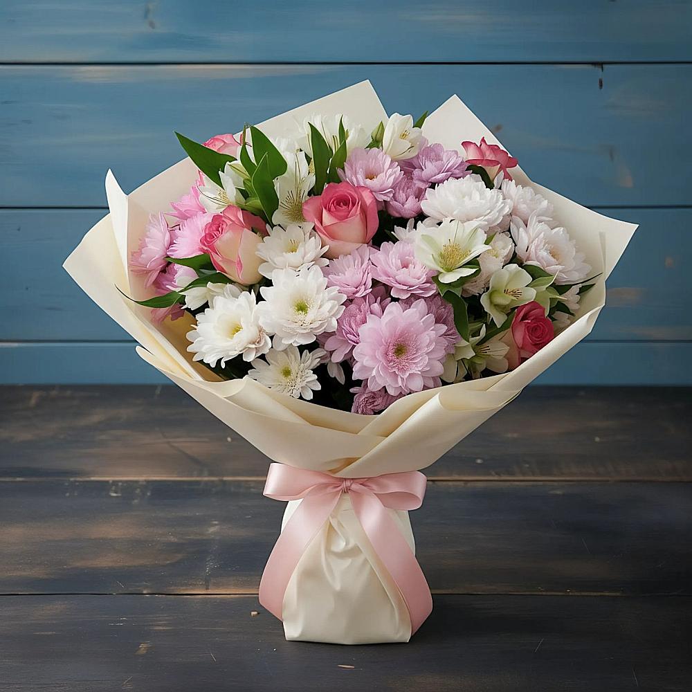 Букет цветов из: Хризантемы, Альстромерии и Розы в Посёлок государственного племенного завода «Константиново»